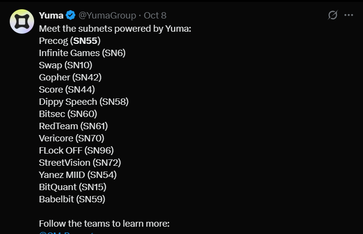 最近在tao上收益颇丰，很多朋友不知道买什么子网，看下面这份清单就够了。YUMA是专门投资子网的tao基金。