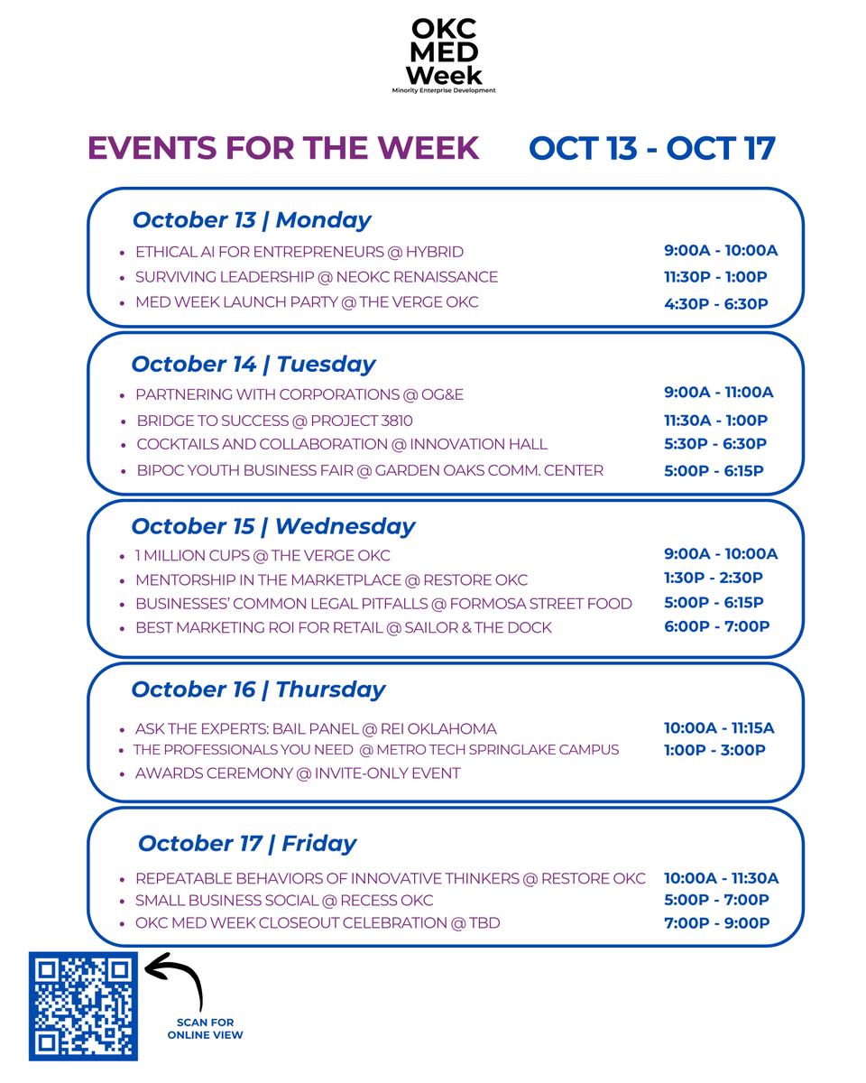 Project3810's tweet photo. This weeklong celebration will play host to a series of networking events &amp; educational programming, spurring economic empowerment and growth of minority owned businesses. 

#OKCMEDWeek #OKCMEDWeek2025 #MinorityBiz #startups 
#KeepLearning #Project3810 #businesstip #entrepreneur https://t.co/cwP5B9MVfr