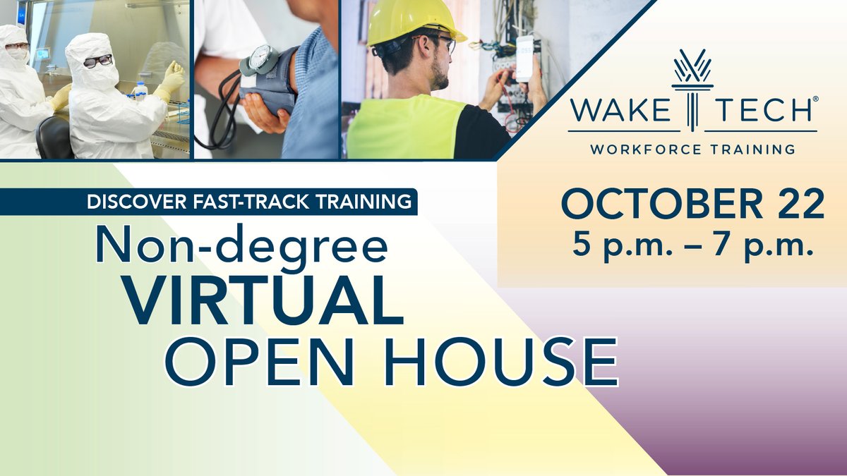 waketechcc's tweet image. Learn more about the fast-track training opportunities available at Wake Tech during Workforce Development's virtual open house from 5 to 7 p.m. October 22.
bit.ly/3J6xeNM
We look forward to helping you find your future at Wake Tech! @WakeTechWCE