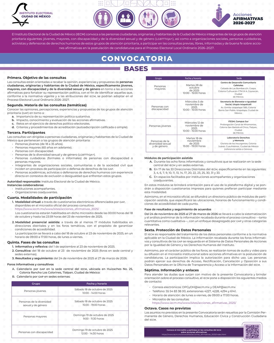 📢El <a href="/iecm/">IECM</a> convoca a personas jóvenes, mayores, con discapacidad y de la diversidad sexual y de género a participar en las Consultas sobre acciones afirmativas en la postulación de candidaturas para el PELO 2026  2027. Preregistro: forms.office.com/r/uxLC2YzyjN