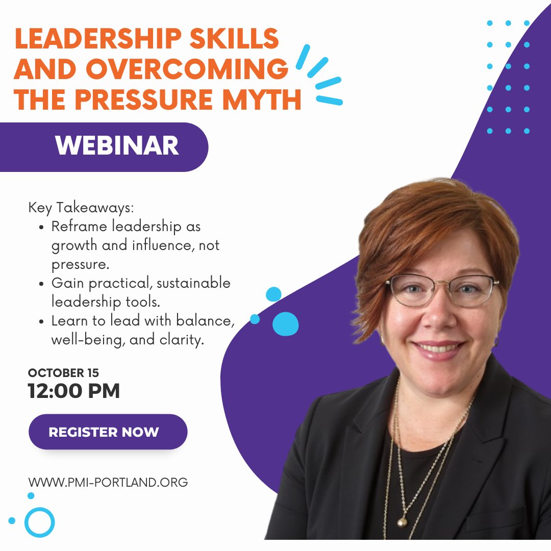 Transform your leadership! Join PMI Portland for a virtual workshop with Arliss Dudley-Cash on Oct 15, 12 PM - 1 PM. 👉 Register: ow.ly/YUyT50X0tQH #PMIPortland #LeadershipDevelopment #ProjectManagement #ProfessionalGrowth