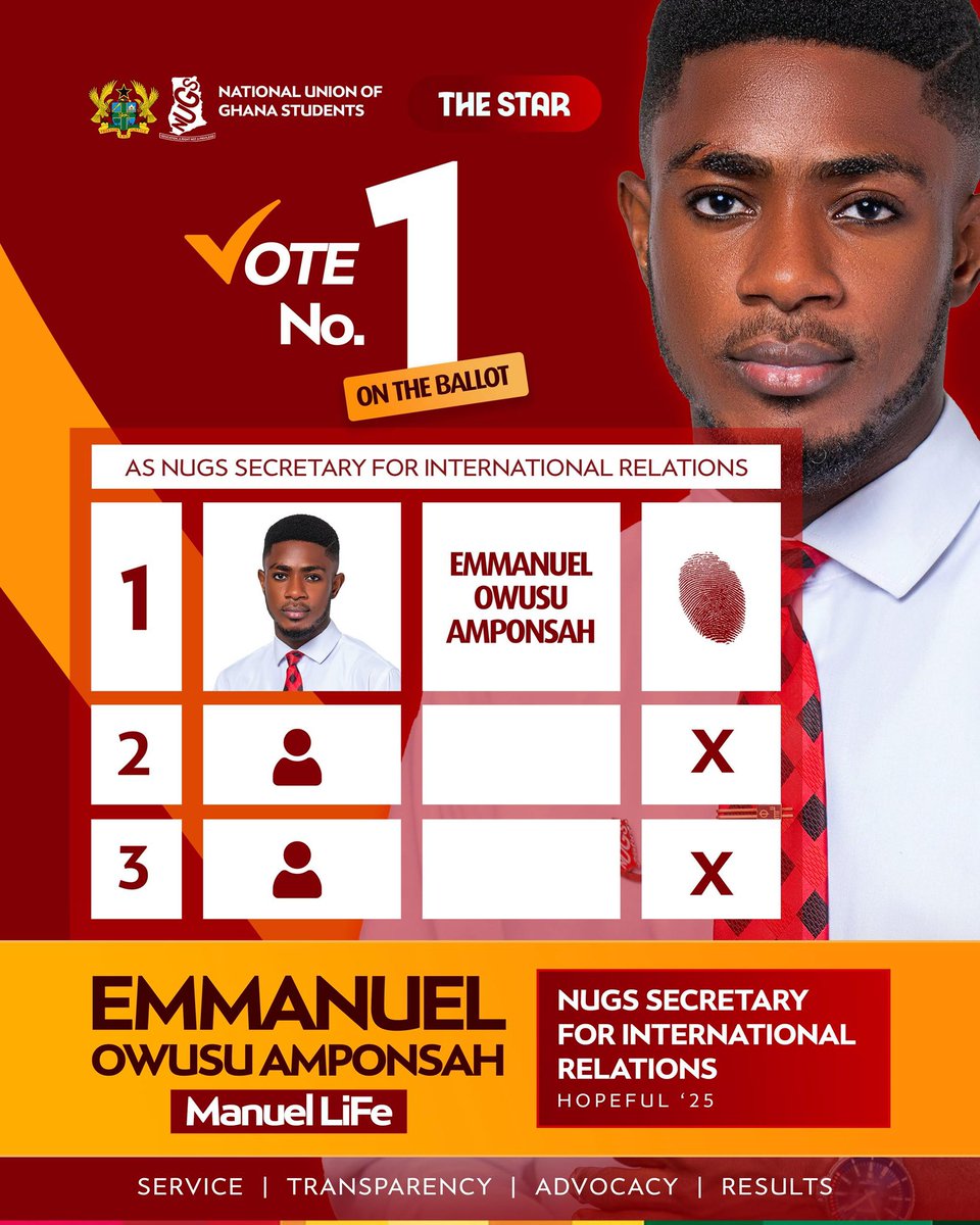 Manuel_LiFe67's tweet photo. Dear Ghanaian students,

I am Number 1 on the ballot, the choice for a stronger international front! 🌍

Please vote Emmanuel Owusu Amponsah (Manuel LiFe) for NUGS Secretary for International Relations.

Let’s connect Ghana to the world with purpose, passion and LiFe! 

#STAR’25 https://t.co/eKdAU9zgCl