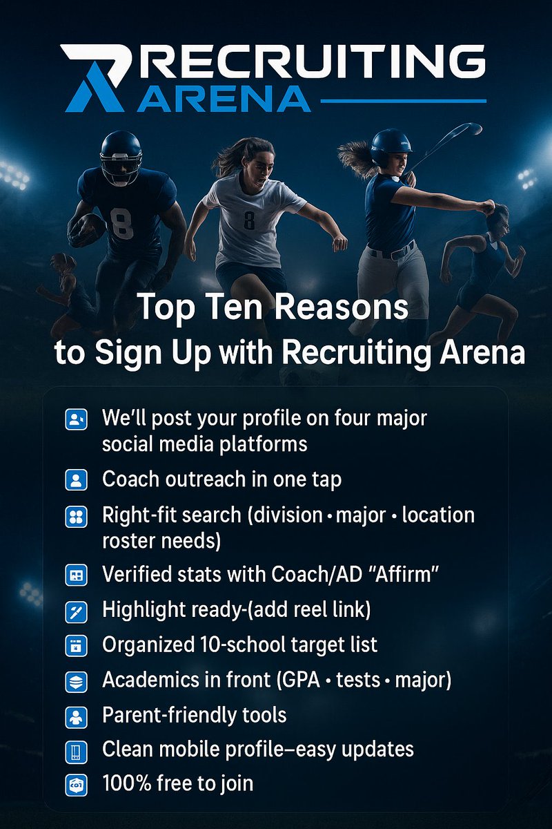 recruitingArena's tweet image. Just a friendly reminder to sign up today at RecruitingArena.com The completely free way to search for colleges, connect with coaches and keep you organized in the recruiting process. 

#ProactiveRecruiting #StudentAthlete #RecruitingArena #reels #CollegRecruiting