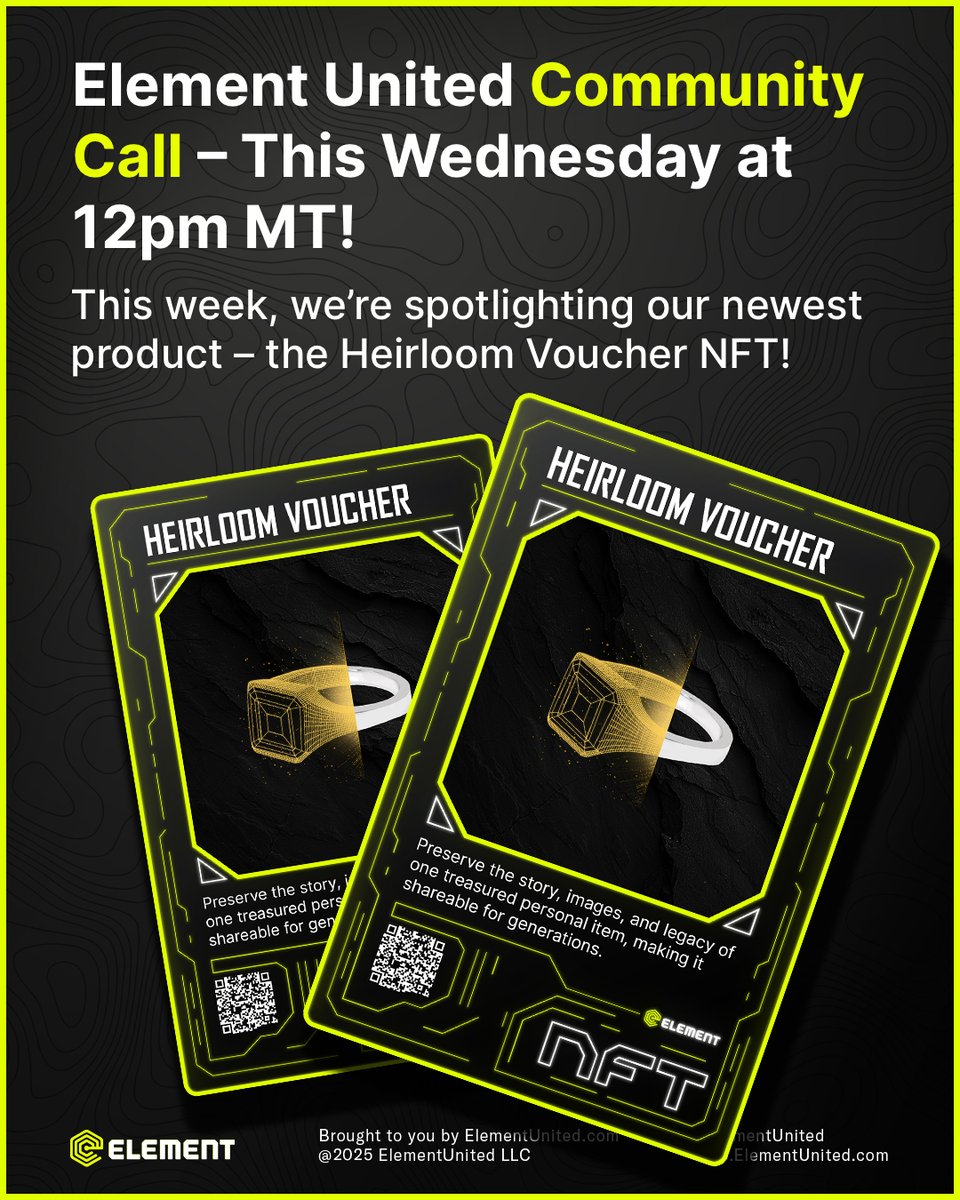 This week, we’re spotlighting our newest product – the Heirloom Voucher NFT!
Discover how the Heirloom Voucher NFT allows you to preserve stories, connect physical items to the blockchain, and create digital legacies that last forever.

🔗 Join on Zoom: elementunited.zoom.us/j/85115423558?…