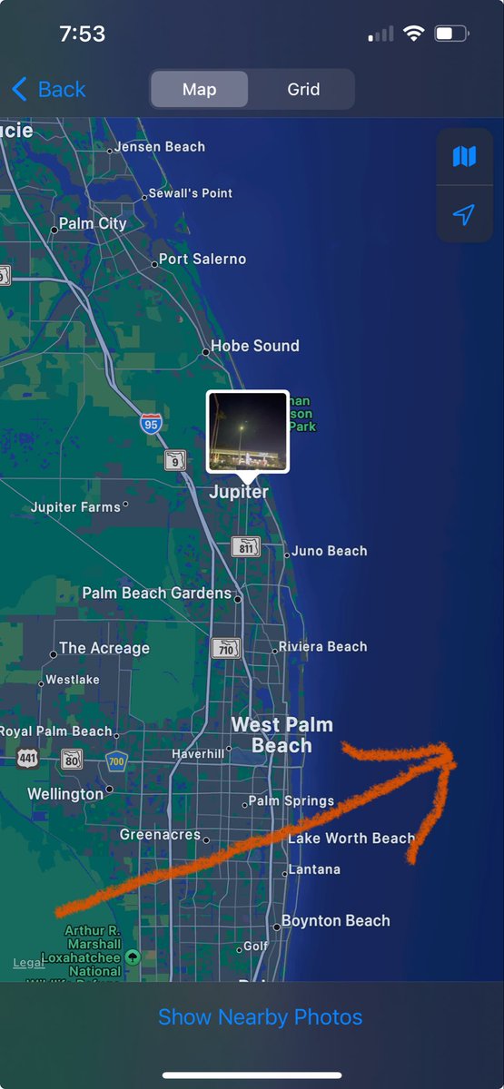 Dannycruden's tweet photo. What in the #UFO ?? Anyone know what this was. Camera is pointed south in Jupiter, FL. We saw this moving through the sky leaving a trail. Stayed in view for over a minute. Looked similar to #SpaceX rockets, except we are in s. Florida and it was south of us.  Passed us at 7:33PM https://t.co/4YV805jl9W