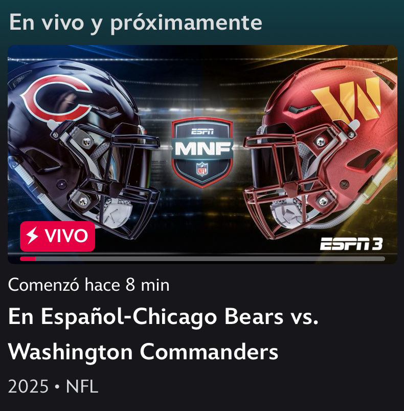 ProgramacionUS's tweet image. Está por comenzar el partido entre los Bears y Commanders, el segundo de esta doble cartelera de MNF.
🎙️Ciro Procuna, Ramiro Pruneda y Katia Castorena por #ESPN3 en todo el continente.