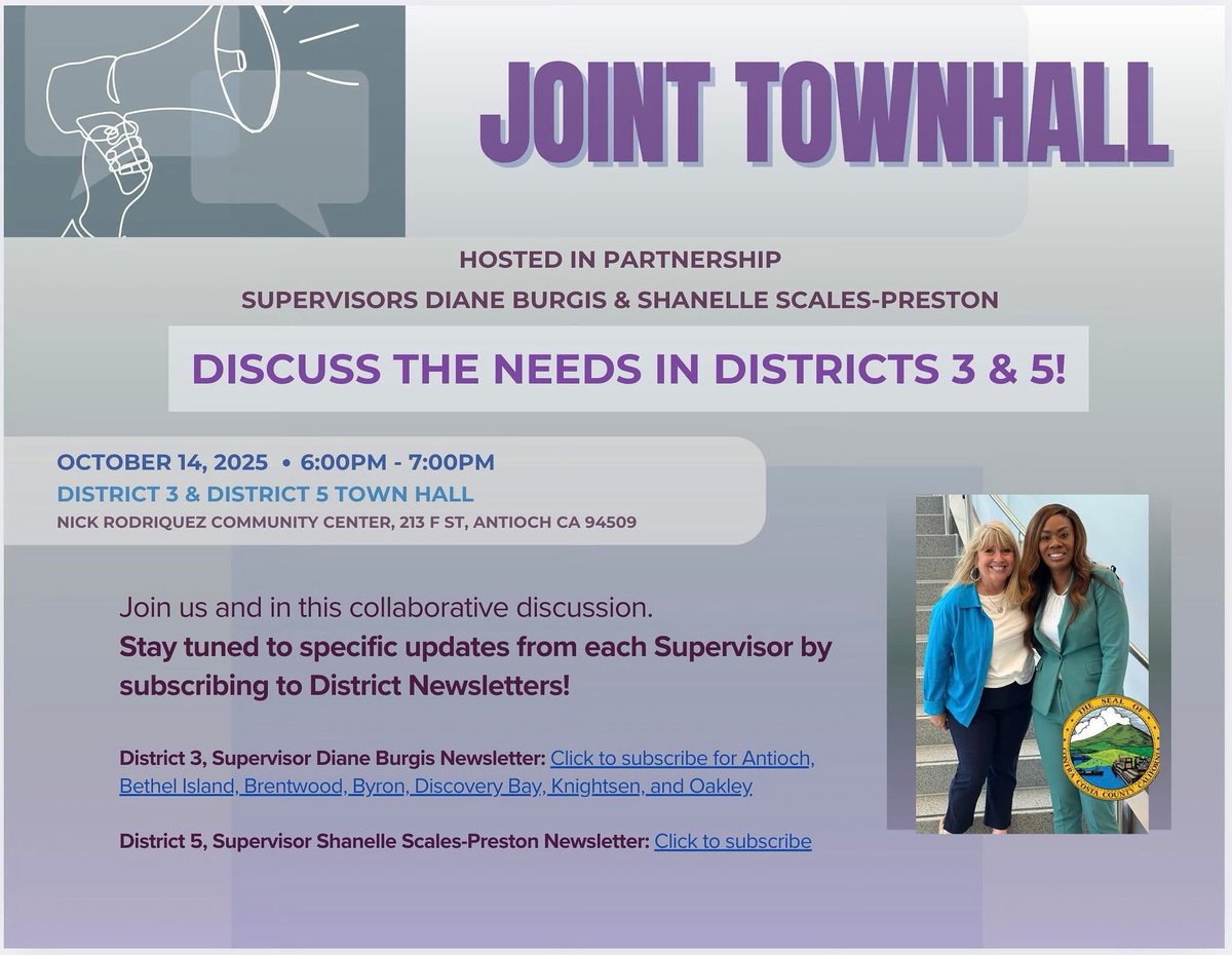 I’m joining Supervisor Diane Burgis to co-host a joint town hall meeting to discuss how each district will invest its $1 million Community Impact Fund to meet local needs.

📅 Tuesday, October 14, 2025
🕕 6:00 PM – 7:00 PM
📍 Nick Rodriguez Community Center, 213 F St, Antioch, CA