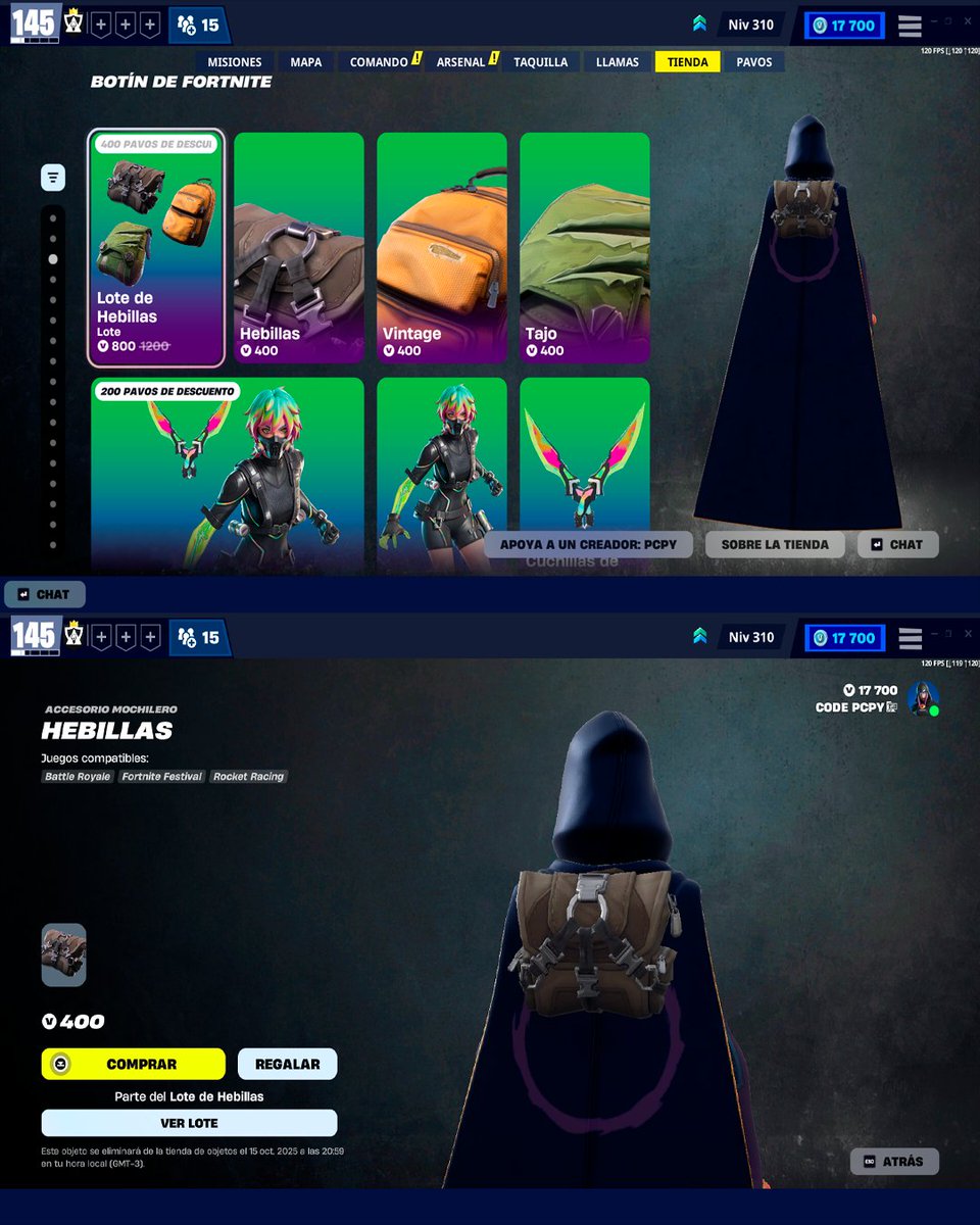 codepcpy's tweet image. Estas mochilas regresaron a Fortnite luego de 7 años, les añadieron un nuevo lote para reducirles el precio por si ya tenías alguna de ellas.
📆 Se van el 15 de octubre en América (16 en Europa).
Usa el código ‘PCPY’ si deseas apoyarme, gracias ❤️ #ad
#Fortnite