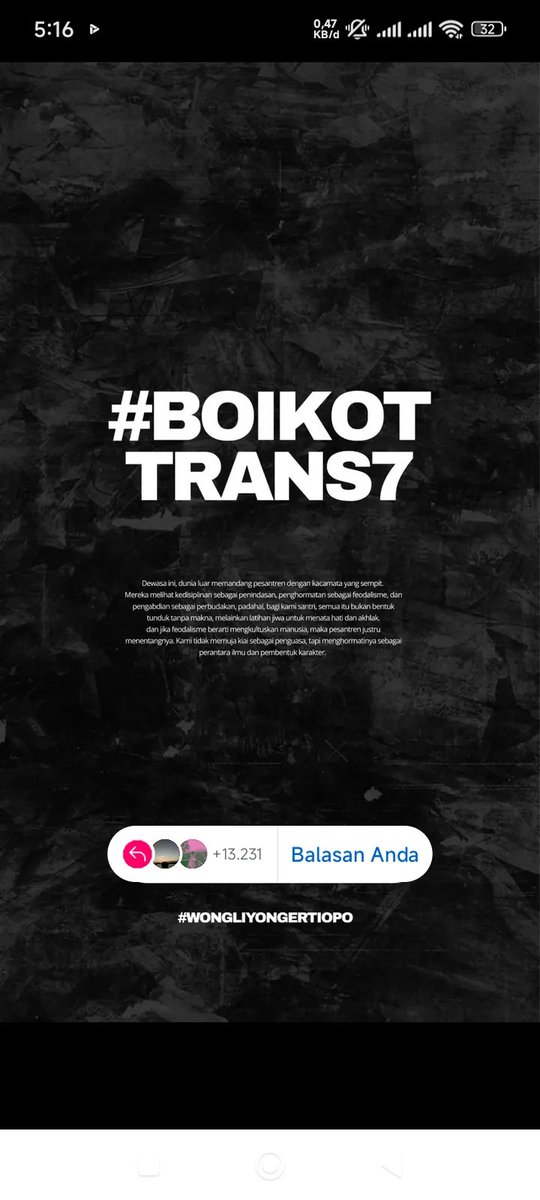 Saya santri, siapapun yang menghina marwah masyayikh kami, hanya ada satu kata: LAWAN!! 

#BOIKOTTRANS7