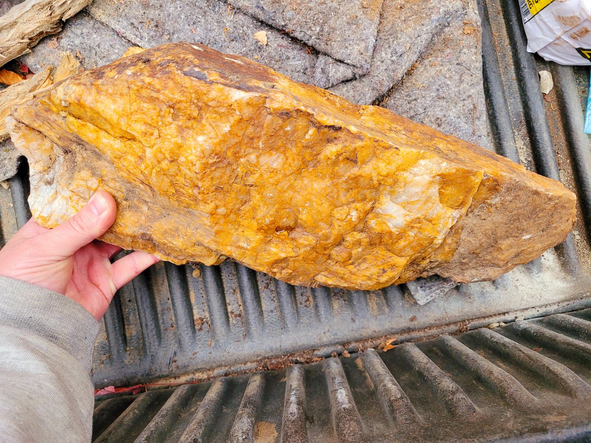 Based_Jedi's tweet image. Went out searching for rocks for my masonry work, and spotted something bright sticking out from the ground, and after digging and digging unearthed this huge chunk of golden quartz!!