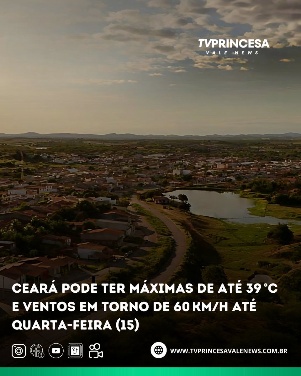 tv_princesa's tweet photo. CEARÁ PODE TER MÁXIMAS DE ATÉ 39 °C E VENTOS EM TORNO DE 60 KM/H ATÉ QUARTA-FEIRA (15)

As máximas devem chegar a 39 °C em municípios do Sertão Central e Inhamuns, Cariri, Ibiapaba, Jaguaribana e Litoral Norte

Leia mais https://t.co/vlME7HmnoP https://t.co/R32GSVpfEA