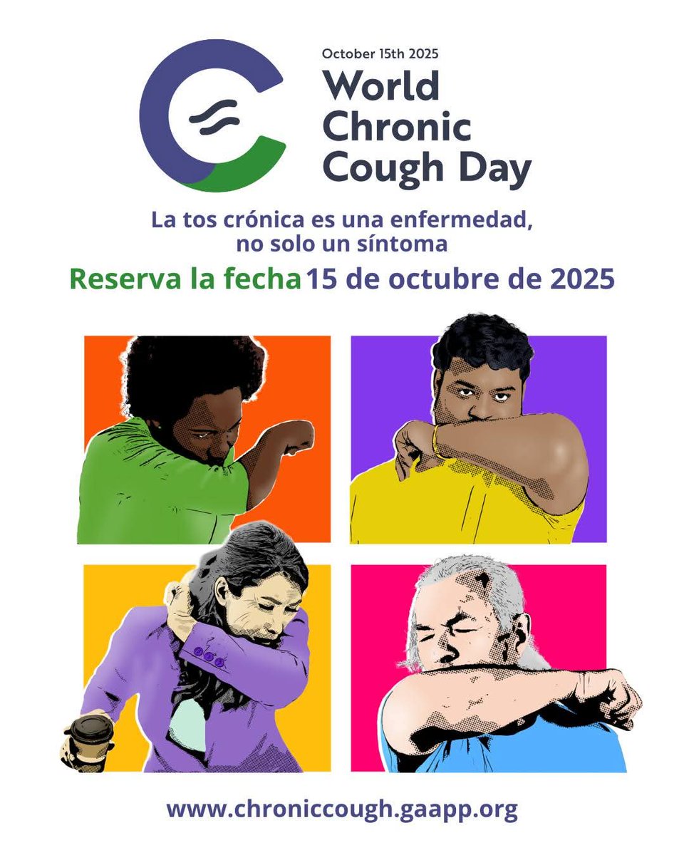 Reserva la fecha: Día Mundial de la Tos Crónica, miércoles 15 de octubre de 2025.  únete a nosotros para marcar la diferencia en todo el mundo. Mantente atento a nuestros canales y visita chronicough.gaapp.org para obtener actualizaciones. #ChronicCoughDay #WCCD2025