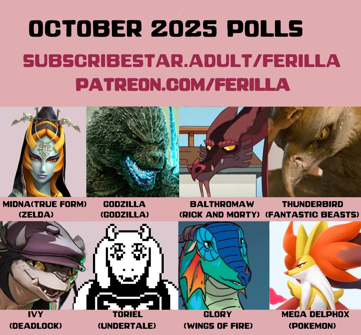 New polls!

Vote here:
patreon.com/c/Ferilla
or
subscribestar.adult/ferilla