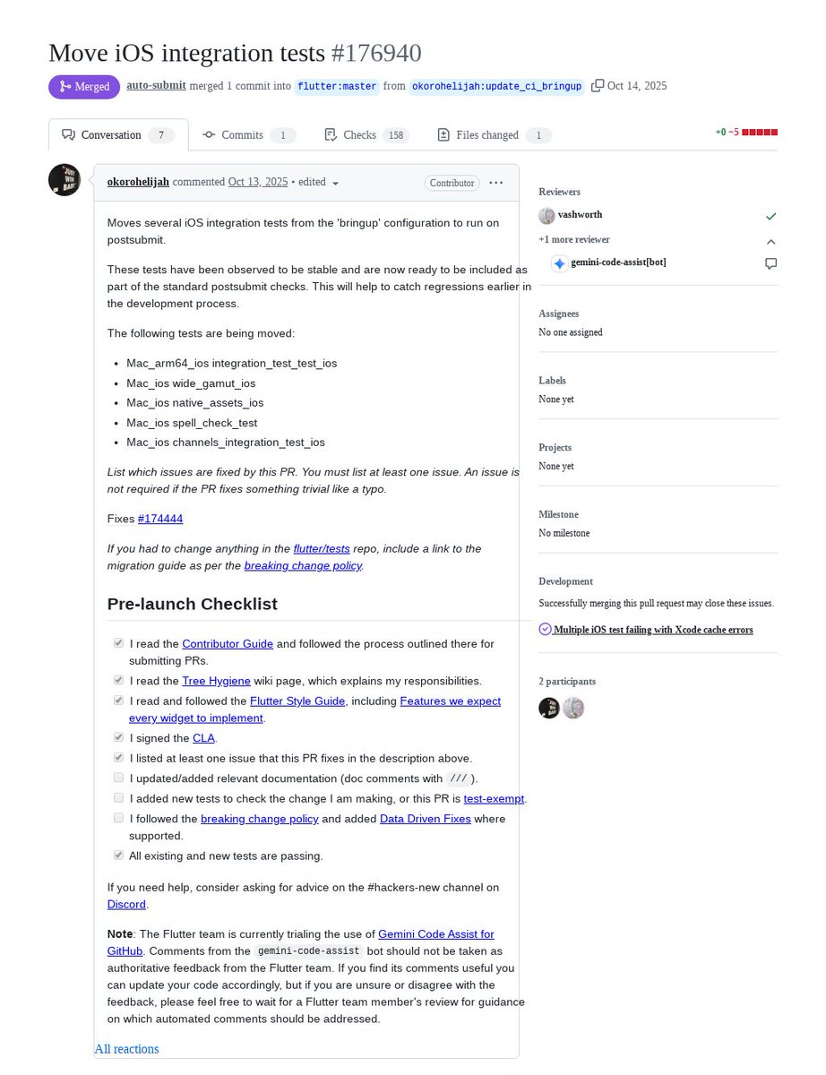FlutterMerge's tweet image. "Move iOS integration tests" by Elijah Okoroh was merged into #Flutter master github.com/flutter/flutte…