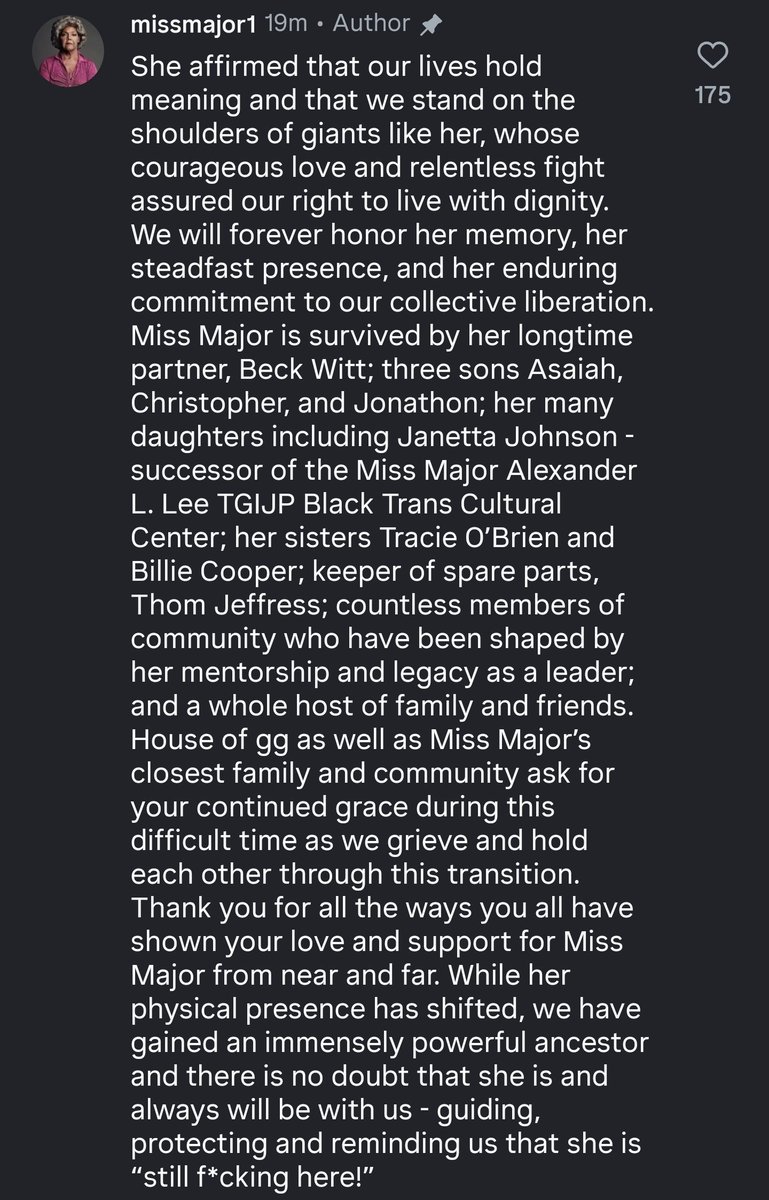 nonbinaryfenris's tweet photo. Rest in power, Miss Major.

Donation link for House of gg, Miss Major's Foundation to support: https://t.co/LVDJyxj7Ri https://t.co/HVZAMiVynU