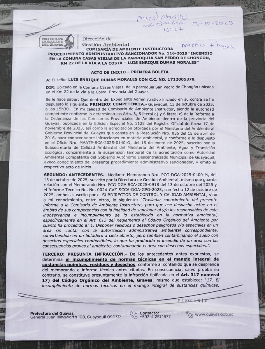 📍Guayaquil | La Prefectura Ciudadana del Guayas, a través de su Comisaría Ambiental, notificó el inicio de un proceso administrativo sancionador contra el propietario del predio en Casas Viejas, donde se detectó un vertedero clandestino de desechos especiales. La acumulación de