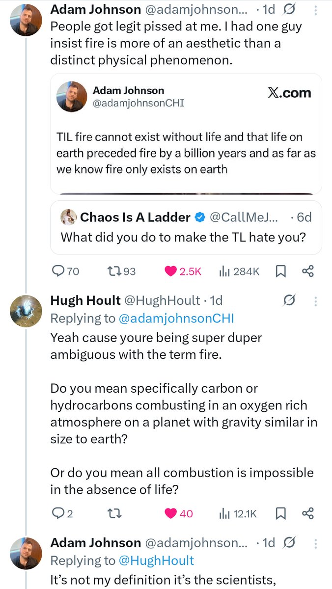 TechCapo's tweet image. bailey: fire only exists on earth
motte: the rapid oxidation of a fuel in the exothermic chemical process of combustion only exists on earth