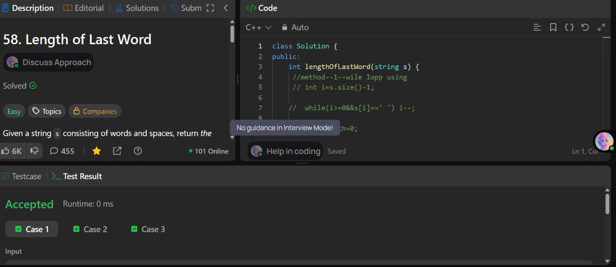 HimeshV21112003's tweet image. Day 98 of #LeetCode100Days ✨

📌 Today’s Problems:
🔹 Find the Index of the First Occurrence in a String
🔹 Candy
🔹 Length of Last Word

⚡ Balanced between string operations &amp;amp; greedy logic today 💪

#LeetCode #DSA #100DaysOfCode #Coding #Greedy #Strings