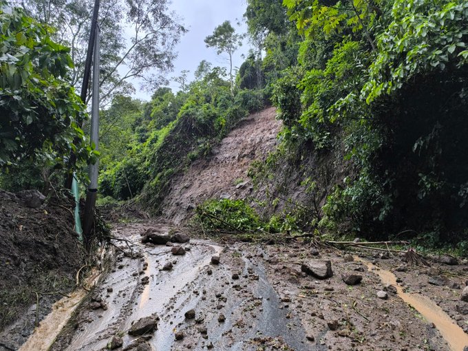 A muddy road partially blocked by a landslide with brown earth and rocks spilling across it, surrounded by dense green vegetation and trees on hilly terrain under a cloudy sky. Debris including uprooted plants and soil mounds is visible on the ground, with a utility pole nearby. The scene shows post-derrumbe conditions in a rural area of Santa Rosa, Guatemala.