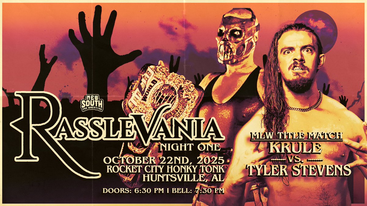NewSouth_PW's tweet image. Wednesday Night, October 22nd from the Rocket City Honky-Tonk we will kick off the RassleVania Tour with the return of @AtrocityKrule as he defends the MLW Championship against the @TylerStevensPro!!!
#BestInTheSouth