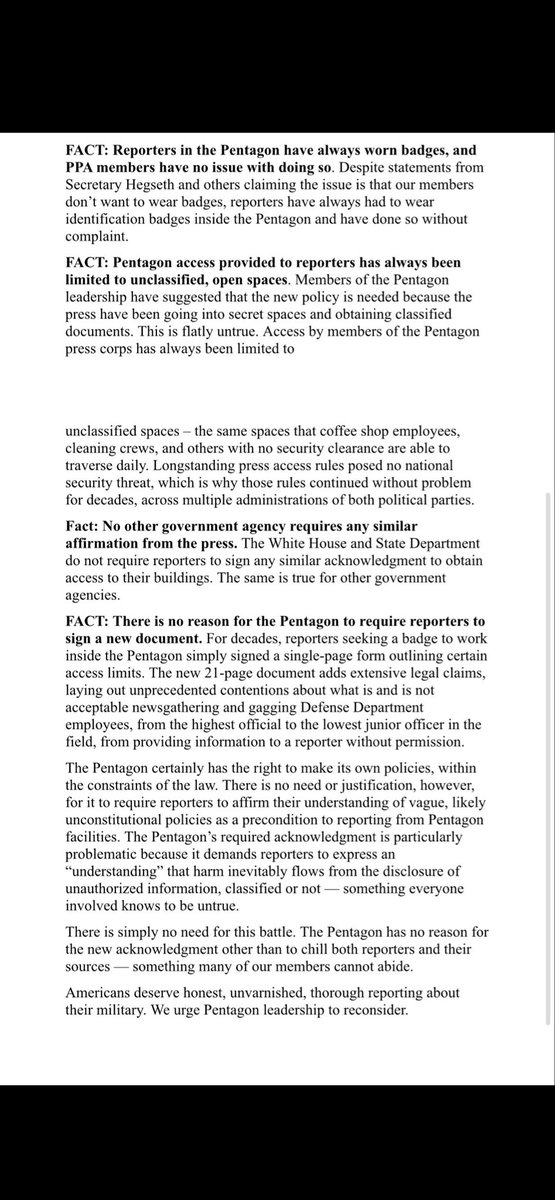 New Pentagon Press Association statement tonight dispelling misinformation and falsehoods: