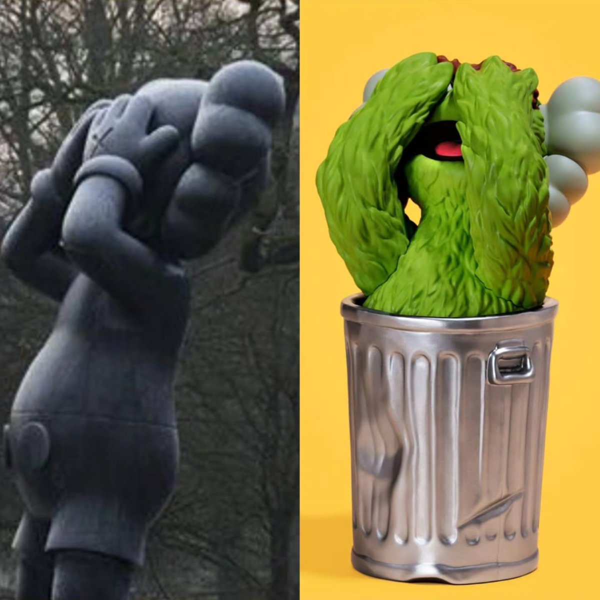 ModernNotoriety's tweet photo. KAWS x Sesame Street vinyl figures and the inspiration for their poses https://t.co/zR7LgTRG26