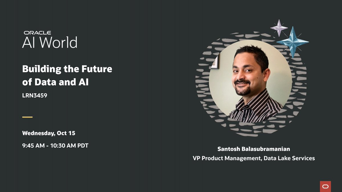 OracleAnalytics's tweet image. 🏗️ What does the future of data and AI look like? Come find out tomorrow!
Santosh Balasubramanian will shared how Oracle is evolving its data lake and AI platform to help organizations build smarter, more scalable, and future-ready architectures.
From unified data to…