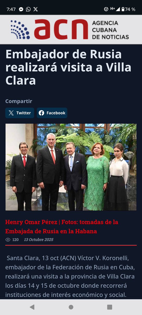 Víctor V. Koronelli, embajador de la Federación de Rusia en Cuba, realizará una visita a la provincia de Villa Clara los días 14 y 15 de octubre donde recorrerá instituciones de interés económico y social más información en el siguiente reporte 
acn.cu/cuba/embajador…