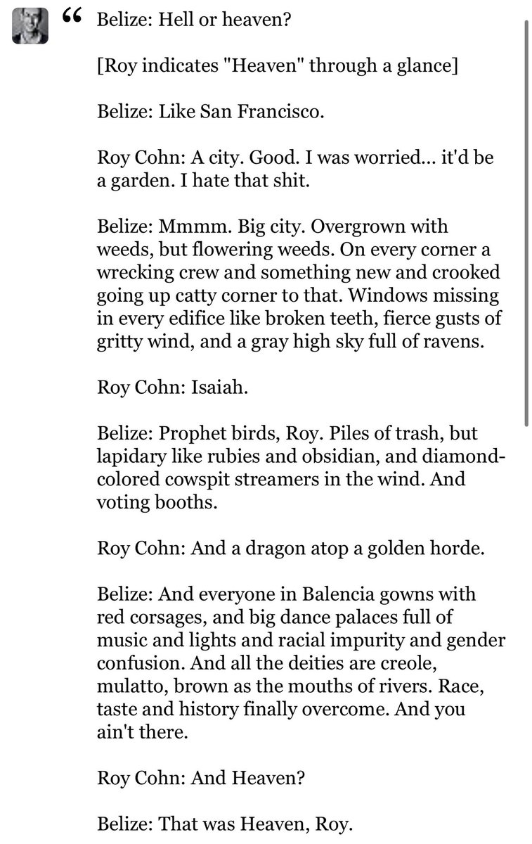 “everyone in Balencia gowns with red corsages, &amp; big dance palaces full of music &amp; lights &amp; racial impurity &amp; gender confusion. &amp; all the deities are creole, mulatto, brown as the mouths of rivers. Race, taste &amp; history finally overcome. &amp; you ain't there.”
- Angels in America