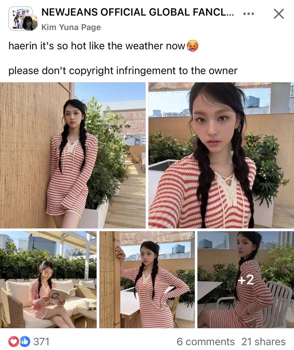 Someone sent this to me… it’s from a big NJZ fan page on Facebook.

For everyone’s information: the photos of Haerin in that post are AI-generated.

Come on, guys… Please don’t use our girls’ likeness for AI experiments. Doing so violates their portrait rights and exposes them