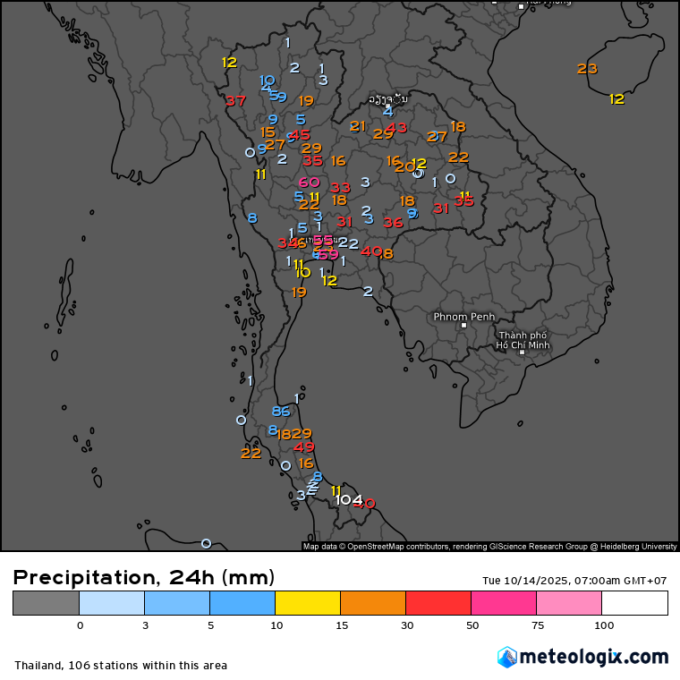 HelmutDuerrast's tweet image. 14 Oct 25    
Yesterday's RAIN fall over 24 hrs in mm #Thailand via meteologix.com/th.    

&amp;gt;Stronger #SWMonsoon
&amp;gt;RAIN over many areas  
&amp;gt;Max 104.4 mm #Yala