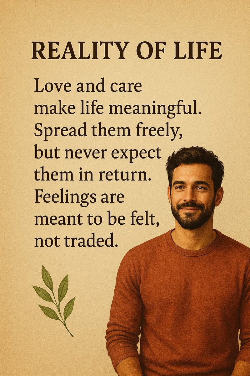 Reality of Life

Love and care make life meaningful.
Spread them freely, but never expect them in return.
Feelings are meant to be felt, not traded.