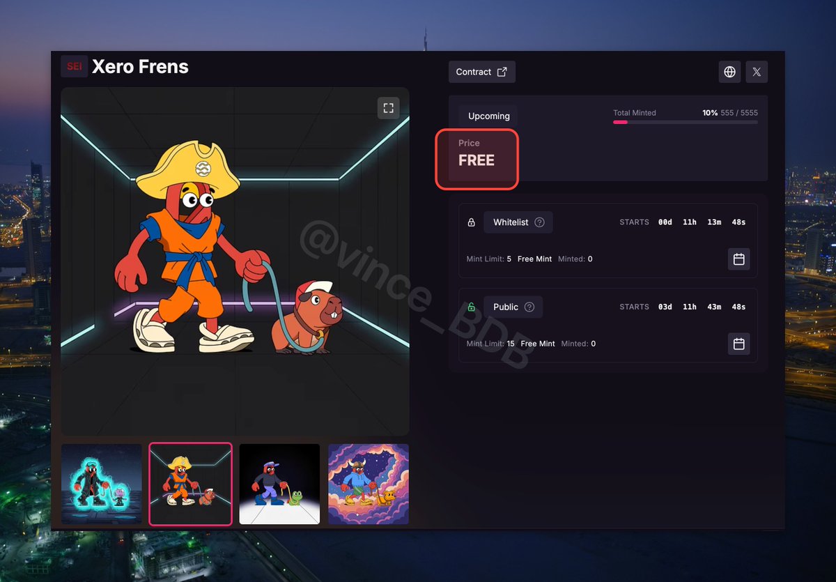 ➤【免費Free mint Xero Frens NFT】

這項目是什麼？現在很熱門的「Vibe coding」基於 <a href="/SeiNetwork/">Sei</a> 生態上的項目，Sei生態最近也是蠢蠢欲動。

🔅白名單Mint時間：10/14 20:00(UTC+8)
🔅公售時間：10/17 20:30 (UTC+8)
🔅總量：5500個

如果你有玩 <a href="/playrunehero/">RuneHero</a> 且持有 xRune