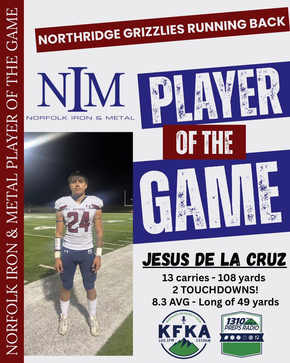 Our <a href="/NorfolkIron/">Norfolk Iron & Metal</a> player of the game goes to Jesus De La Cruz from <a href="/NHSGrizFB/">Northridge Football</a>! Congratulations Jesus! #copreps