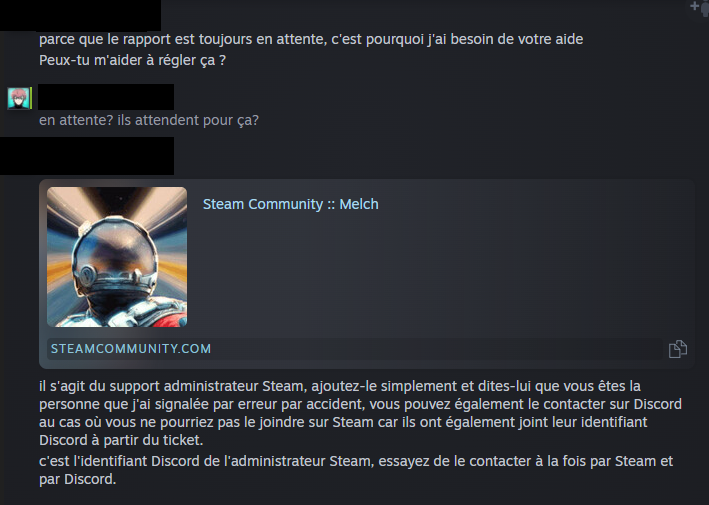 AresCathy_VT's tweet photo. [WARNING!!!] I had this bad story happen to me last time on TWITTER, and now a friend got scammed by the same FAKE message on STEAM too!!! TToTT

= the SCAM: 'I reported you by mistake'

PLEASE BE CAREFUL!!! \(>A<)/ https://t.co/Nk6vcdH15K