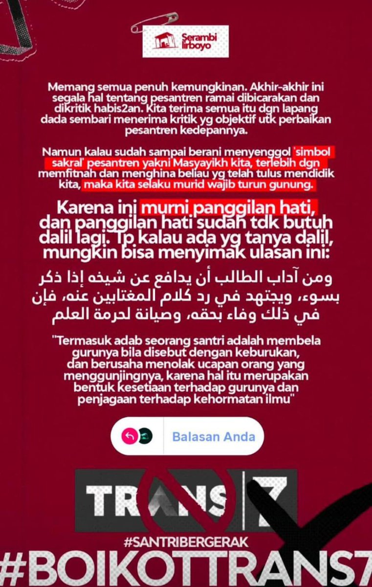 faidy_sujaie's tweet photo. #BOIKOTTRANS7 #BOIKOTTRANSTV karena telah melecehkan pesantren yang mendidik generasi https://t.co/OSlNnvI7QM