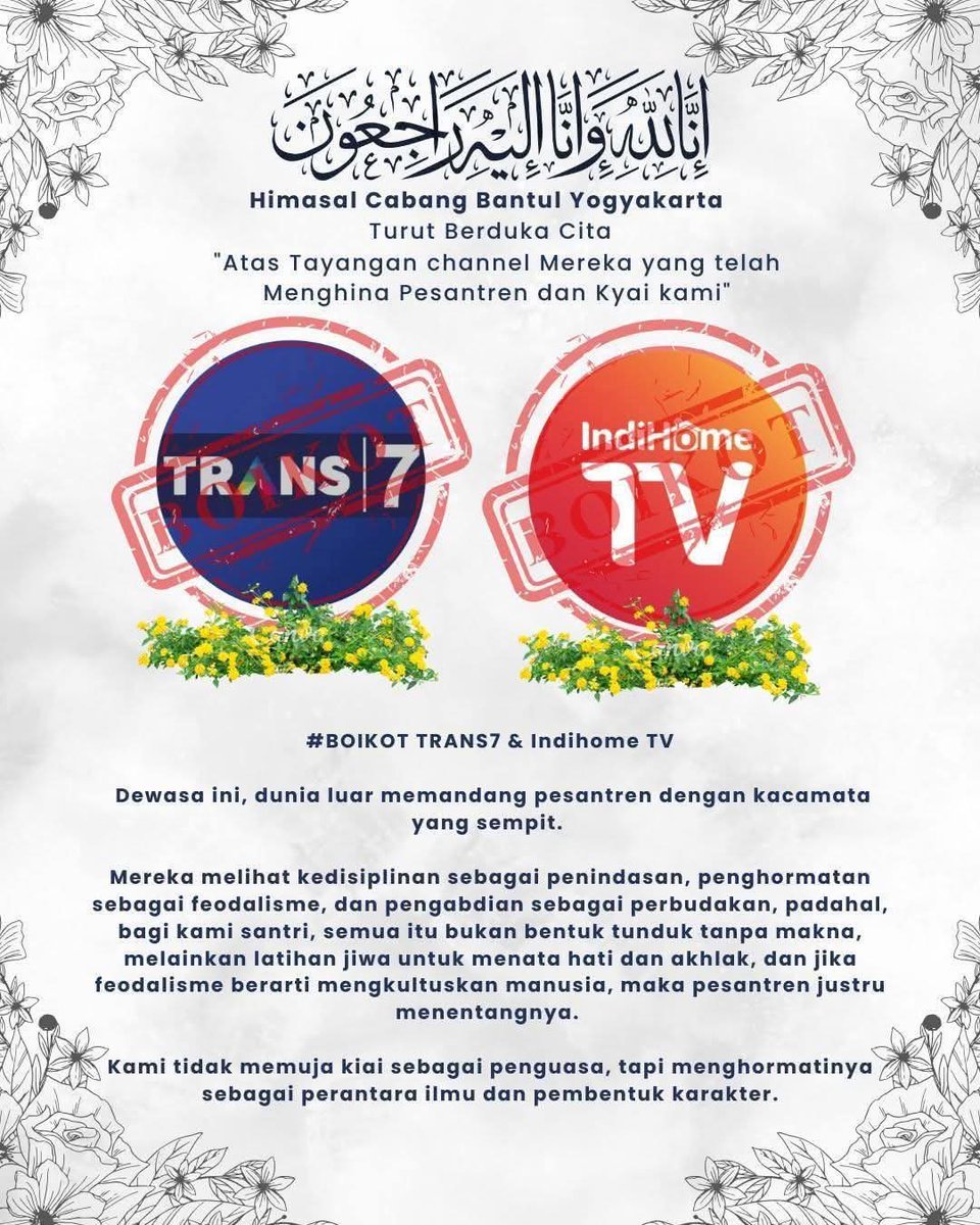 faidy_sujaie's tweet photo. #BOIKOTTRANS7 #BOIKOTTRANSTV karena telah melecehkan pesantren yang mendidik generasi https://t.co/OSlNnvI7QM