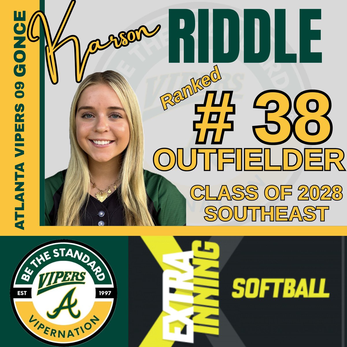 VipersGonce's tweet image. Congratulations to our #11 Outfielder @Karson_Riddle for being recognized by Extra Inning Softball in their Southeast rankings! 🐍🐍 LET'S GO Karson!!!! 💪💪 COACHES!! Keep your 👀 on this 🥎STUD‼️ #represent #BeTheStandard #ViperNation

@thevipernation @LineDsoftball