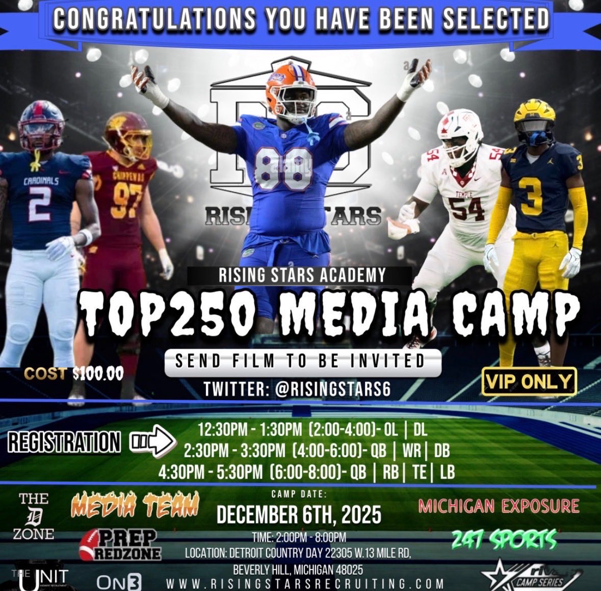 Thank you  <a href="/RisingStars6/">Rising Stars Academy</a>  for the 
Top 250 Media Camp invite— 
looking forward to competing 💪

#RisingStars #recruitready #DB #WR
#KeepGrinding
<a href="/CaledoniaFootb1/">Caledonia Football</a> <a href="/RisingStars6/">Rising Stars Academy</a>
<a href="/PrepRedzoneMI/">Prep Redzone Michigan</a> <a href="/247Sports/">247Sports</a> @On3Recruits <a href="/TheD_Zone/">The D Zone</a> <a href="/MichFBFrenzy/">Michigan Prep Frenzy</a> <a href="/4thQFinish/">4th Quarter Finish</a>