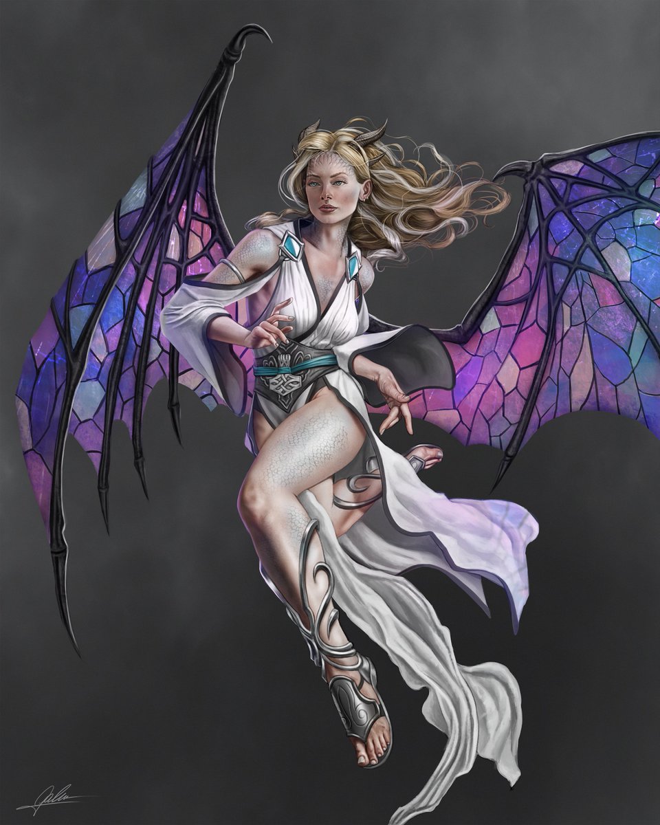 D&amp;D character commission!

Daanyka,  a half Angel/ half Silver Dragon Cleric that has really unique wings  that resembles stained glass set in dark silver framing it was a really  fun and pretty character to create! Hope you like it!

#dungeonsanddragons #dnd #art #dragon