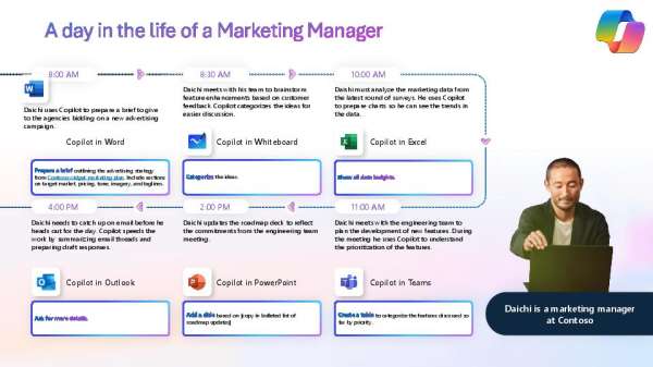 supportnerdsinc's tweet image. See the day in the life of a marketing manager with @msftcopilot. 🛠️ From brainstorming to roadmaps, Copilot helps streamline every task. View the infographic for ideas on how Copilot can empower your marketing. #Microsoft365 #AI stuf.in/bhab5t