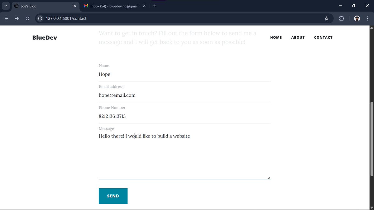 bluedev_py's tweet image. Day 60/100 – Advanced
> Making POST Requests with Flask and HTML Forms
> Getting the contact form on my blog website to work
#100DaysOfCode #pythonprogramming #pythononlinetraining