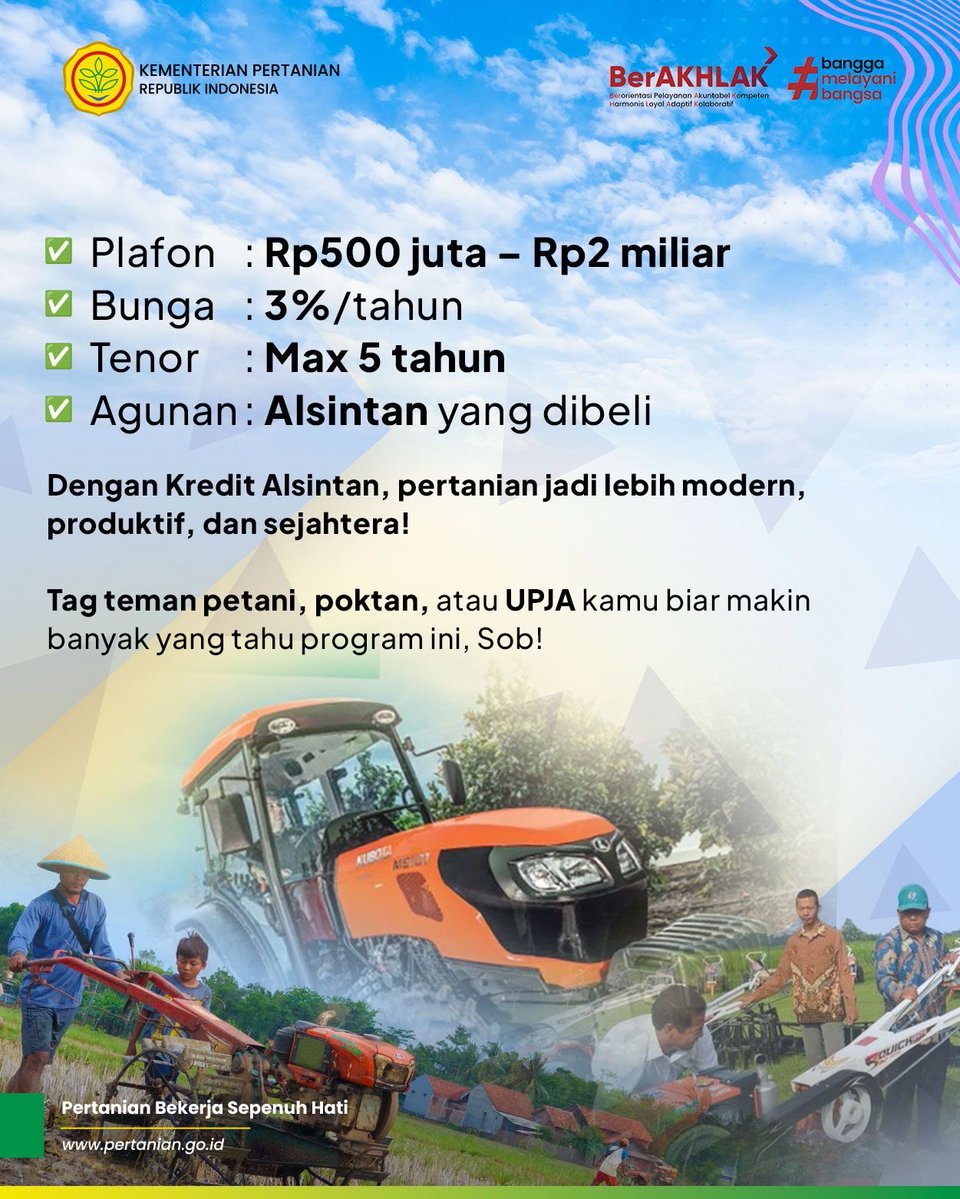 Kementerian Pertanian RI (@kementan) on Twitter photo Dulu, banyak petani harus menunggu bantuan untuk bisa punya alat pertanian sendiri. Sekarang, lewat Kredit Alsintan, petani bisa mandiri dan naik kelas.
#KreditAlsintan #PertanianModern #SwasembadaPangan #KementerianPertanian Dulu, banyak petani harus menunggu bantuan untuk bisa punya alat pertanian sendiri. Sekarang, lewat Kredit Alsintan, petani bisa mandiri dan naik kelas.
#KreditAlsintan #PertanianModern #SwasembadaPangan #KementerianPertanian