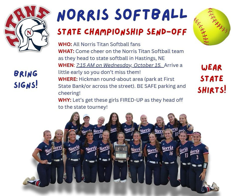NorrisSoftball's tweet photo. 🥎🎉Let’s send our Titan Softball Team off to State in style!  Come out and show them your support!  Good luck, Titans!!!!!! 🎉🥎 https://t.co/V3QxWn6GON