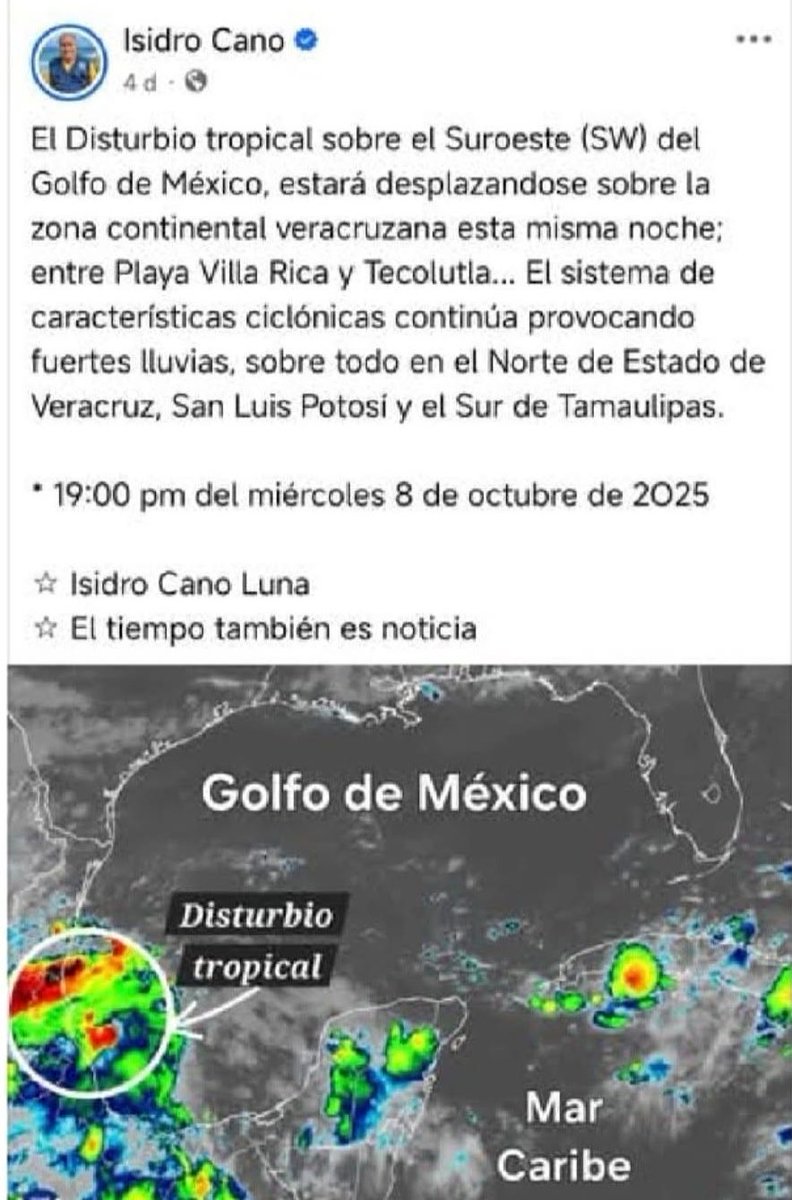 Dice Claudia Sheinbaum que no había manera científica y metereológica de predecir las fuertes lluvias en Poza Rica.

Pues el meteorólogo Isidro Cano tuvo los datos y nadie le hizo caso…