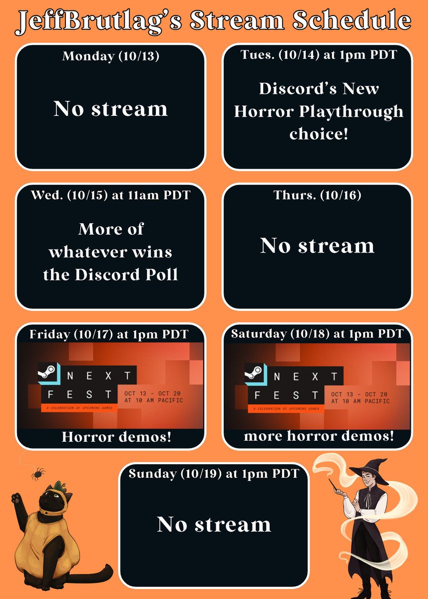 The Twitch Stream Schedule is here!! 👻

Super excited to see what playthrough I'll be starting next, based on what my Discord community votes on! 

Also SUUUUPER excited to check out some Steam Next Fest horror demos! 

See y'all there ✌🏻
