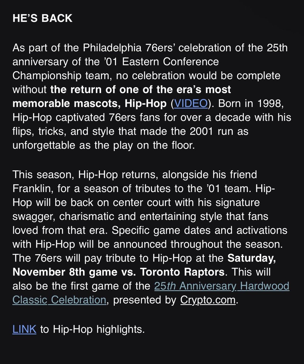 KyleNeubeck's tweet image. Big Sixers news:
Team announces mascot Hip Hop is returning for this season’s 2001 celebration