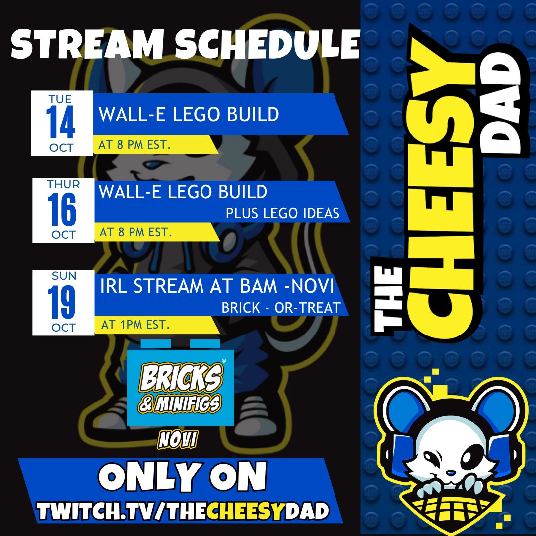 This week we’re diving into a WALL-E LEGO Build 🤖🧱
PLUS an IRL Brick-or-Treat stream at Bricks &amp; Minifigs Novi! 🎃
💙 Tues 8 PM EST — WALL-E Build
💛 Thurs 8 PM EST — WALL-E + LEGO Ideas
💙 Sun 1 PM EST — LIVE from BAM-Novi!

Come chill, chat &amp; chuckle at