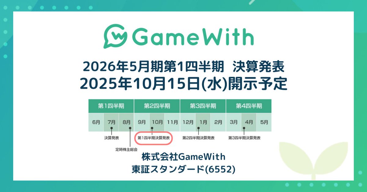【2026年5月期第1四半期 決算発表のお知らせ】

GameWithの2026年5月期第1四半期の決算発表は、
明日【2025/10/15(水)】を予定しています。
2025年6月～2025年8月の活動実績をご報告しますので、IRサイトをご覧ください。

▼IRサイトはこちら
gamewith.co.jp/ir