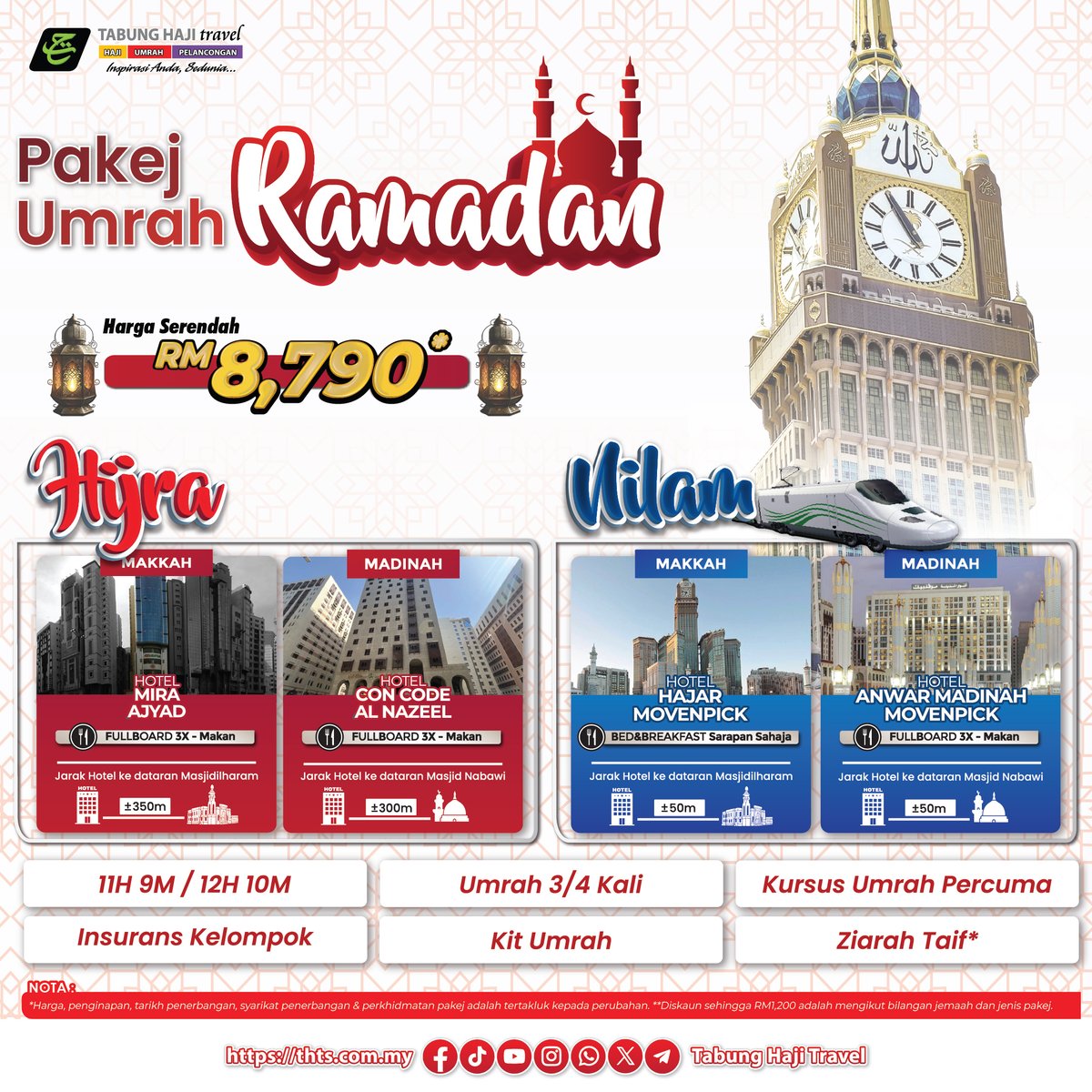 "Umrah Ramadan di Tanah Suci, detik indah bersama Rahmat Ilahi. Kerinduan menjentik hati nurani, kian menjadi realiti." 🌙🤍🕋

Pakej Umrah Ramadan 1447H / 2026M SERENDAH RM8,790*
.
.
Hubungi Pegawai Cawangan untuk pendaftaran:
📞 Linktr.ee/HubungiTHTS

#TabungHajiTravel